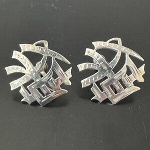 Sterling Silver East Asian Motif Lettering Diamond Cut Scrw Back Earrings VTG